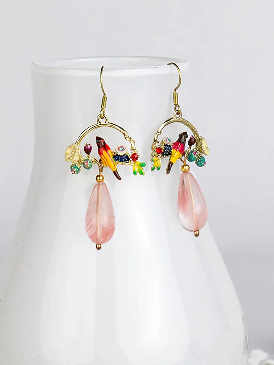 Bird And Flower Chalcedony Pendant Earrings