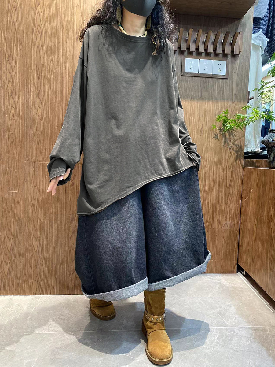 Plus Size Women Autumn Casual Pure Color 100%Cotton O-Neck Shirt