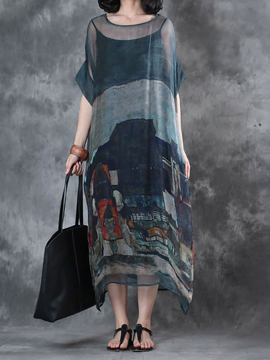 Plus Size - Summer Short Sleeves Loose Prints Dress(Two Pieces) Main image