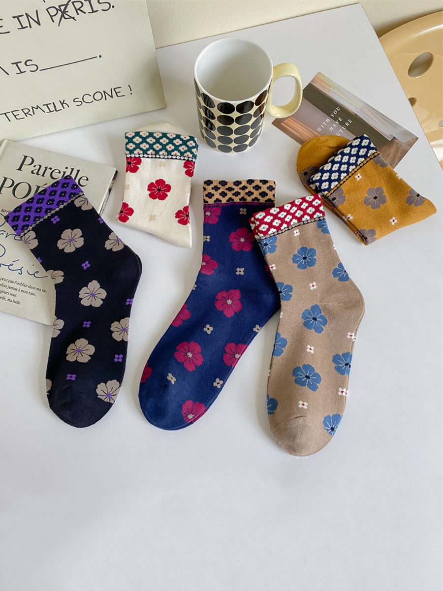 5 Pairs Women Artsy Flower Cotton Socks