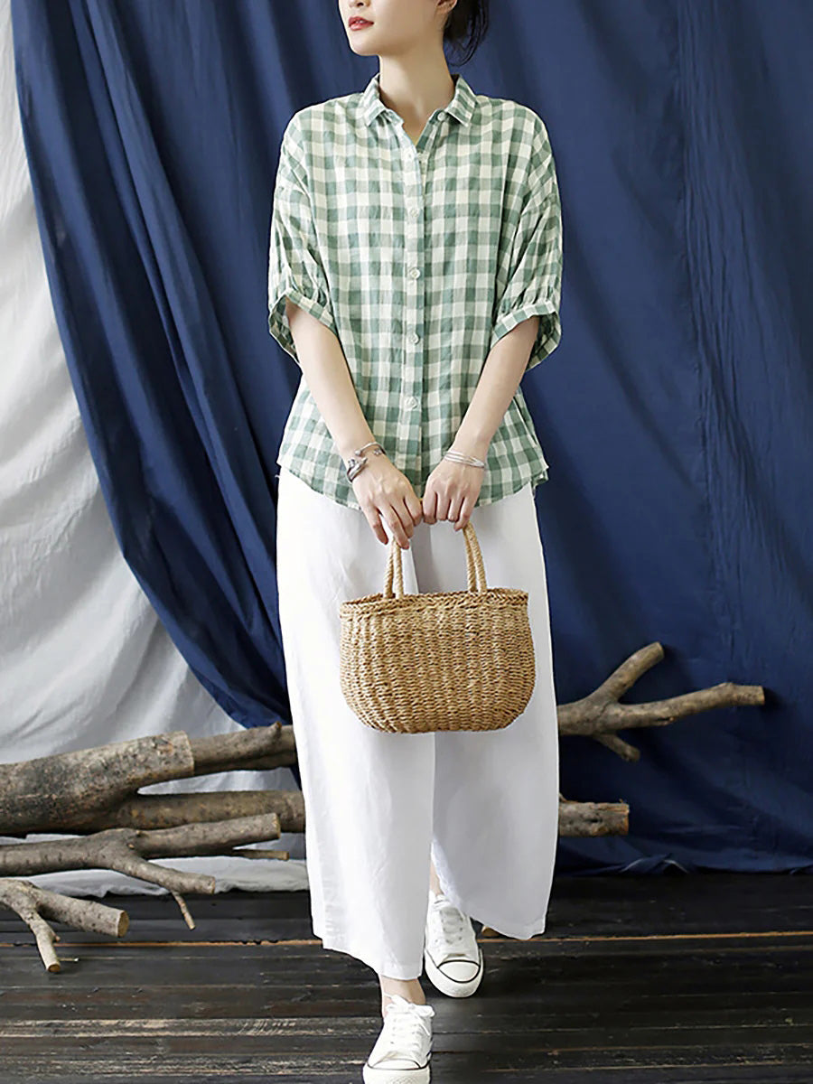 Plus Size Cotton Summer Plaid Vintage Women Loose Shirt