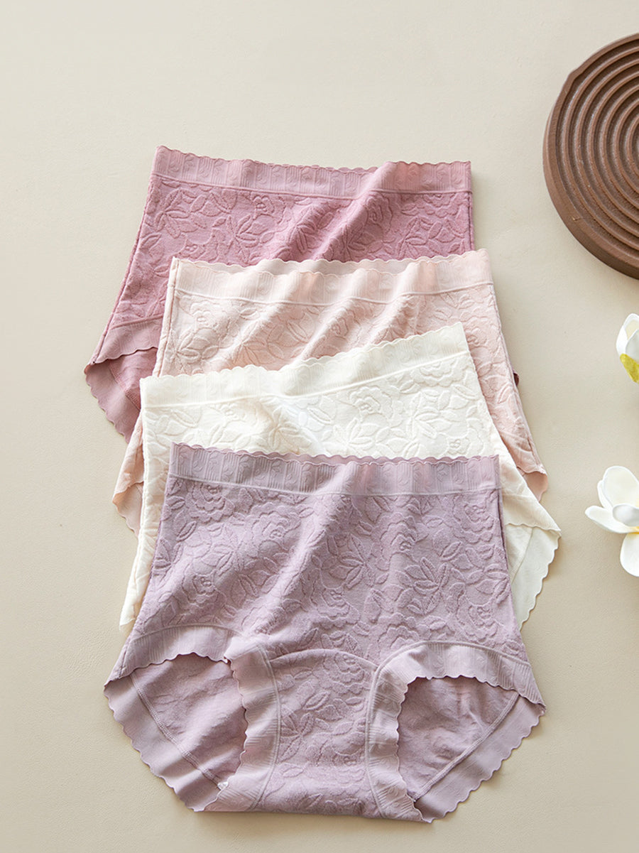 5 Pieces Women Flower Jacquard High Waist Cotton Underwear