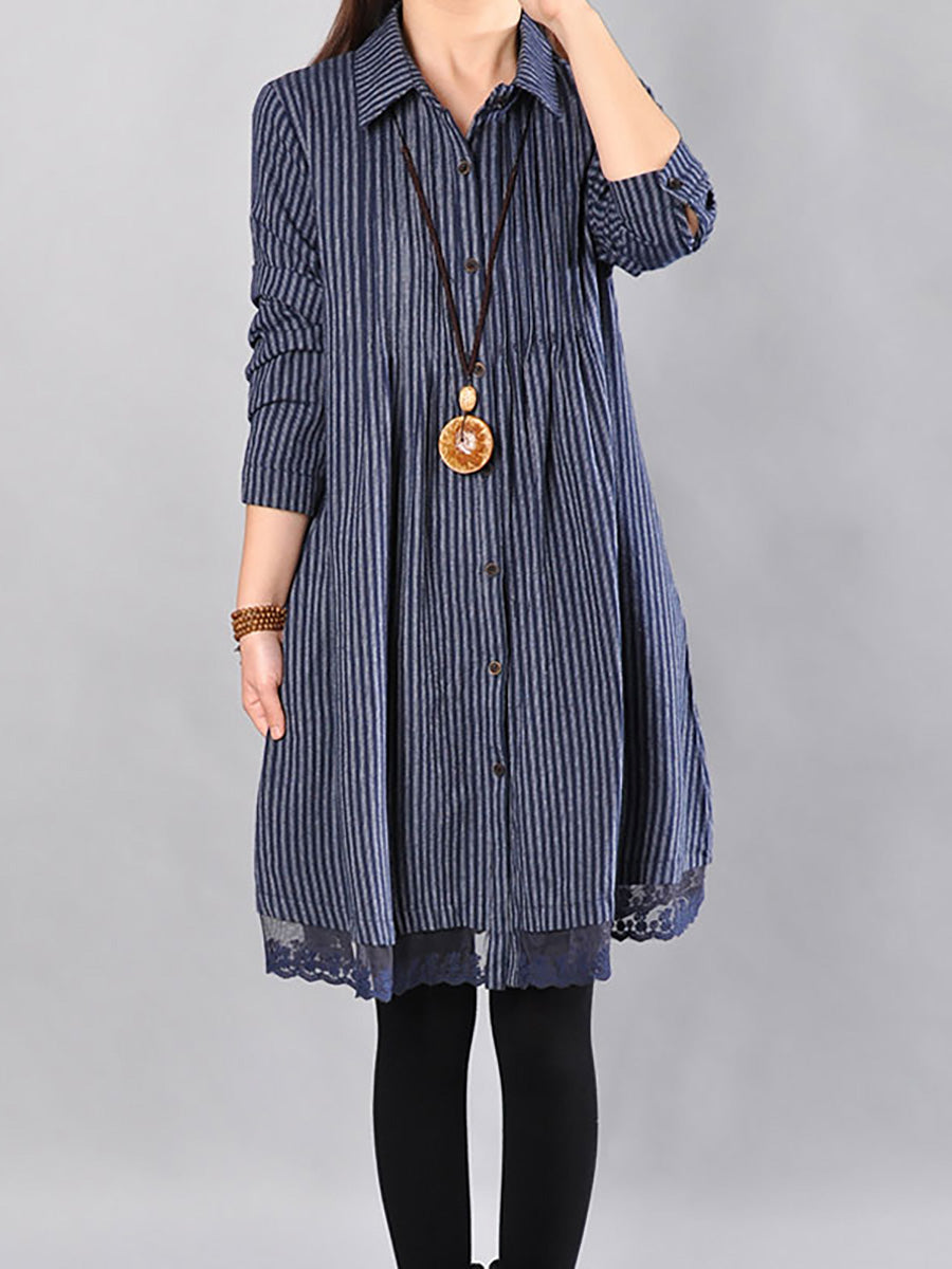 Plus Size Loose Cotton Linen Printing Lace Hem Dress Main image