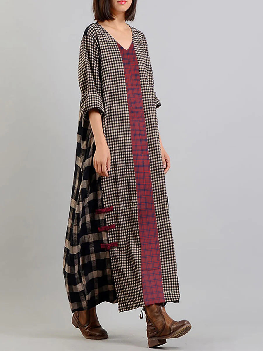 Plus Size Different Colored Plaid Retro Cotton Linen Dress