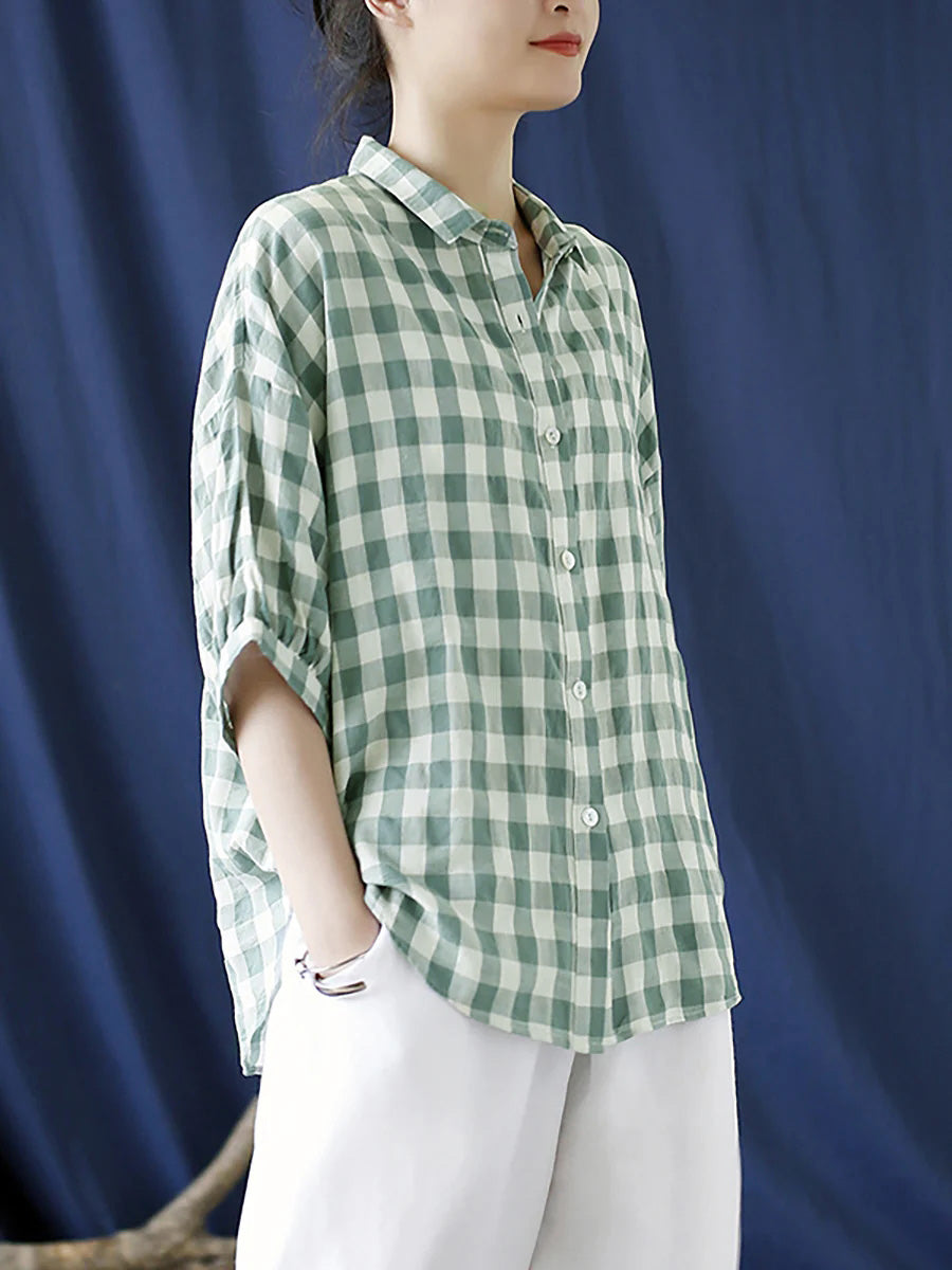 Plus Size Cotton Summer Plaid Vintage Women Loose Shirt
