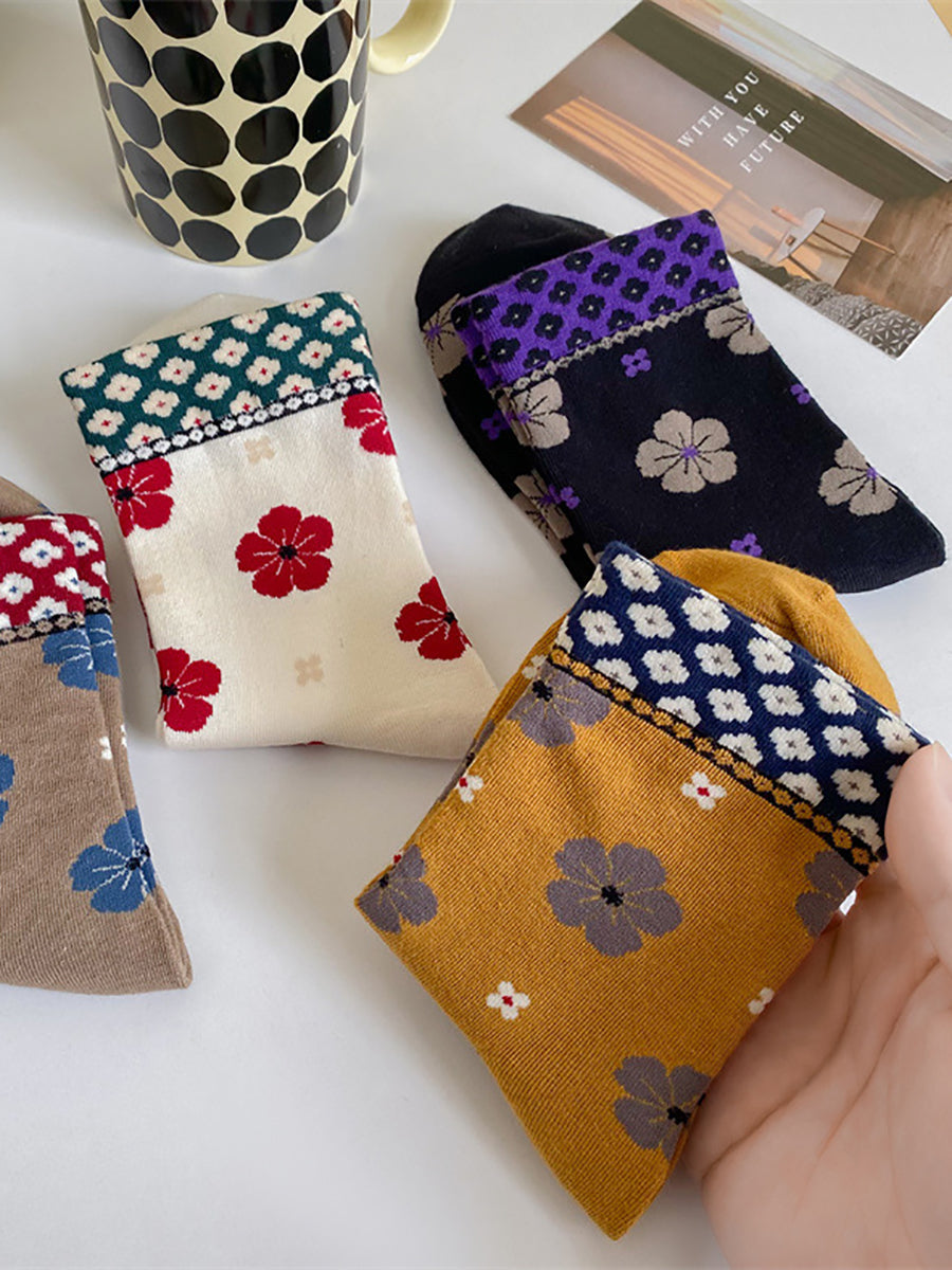 5 Pairs Women Artsy Flower Cotton Socks