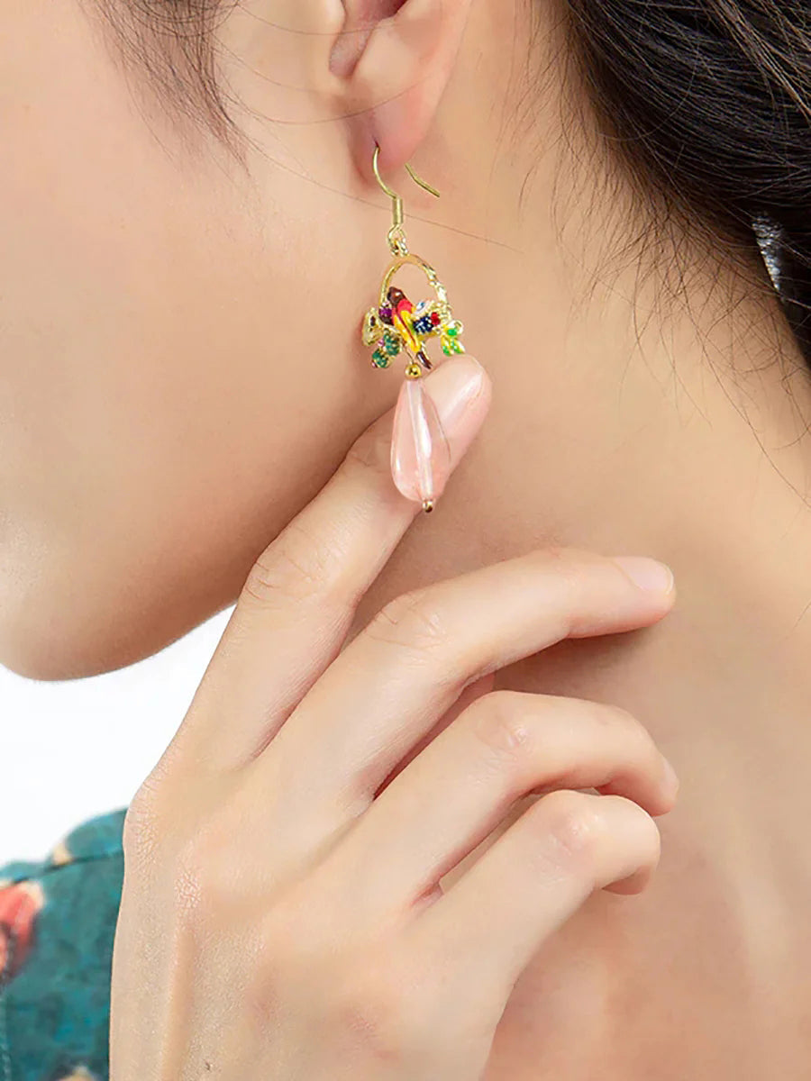 Bird And Flower Chalcedony Pendant Earrings