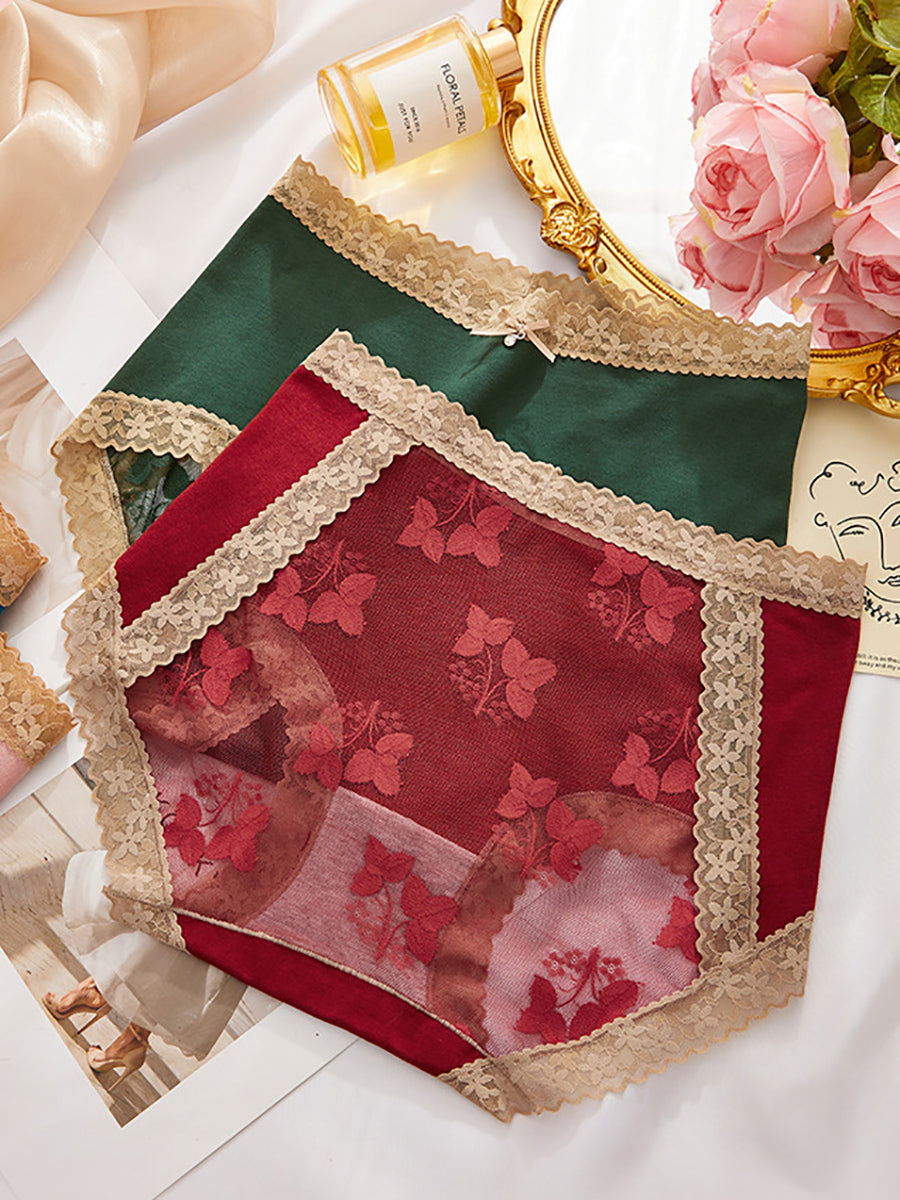 5 Pieces Women Flower Lace Spliced High Waist Underwear
