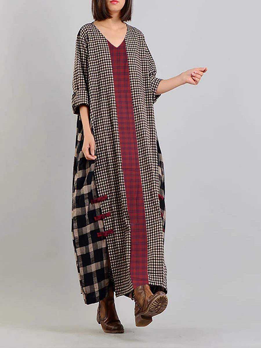 Plus Size Different Colored Plaid Retro Cotton Linen Dress