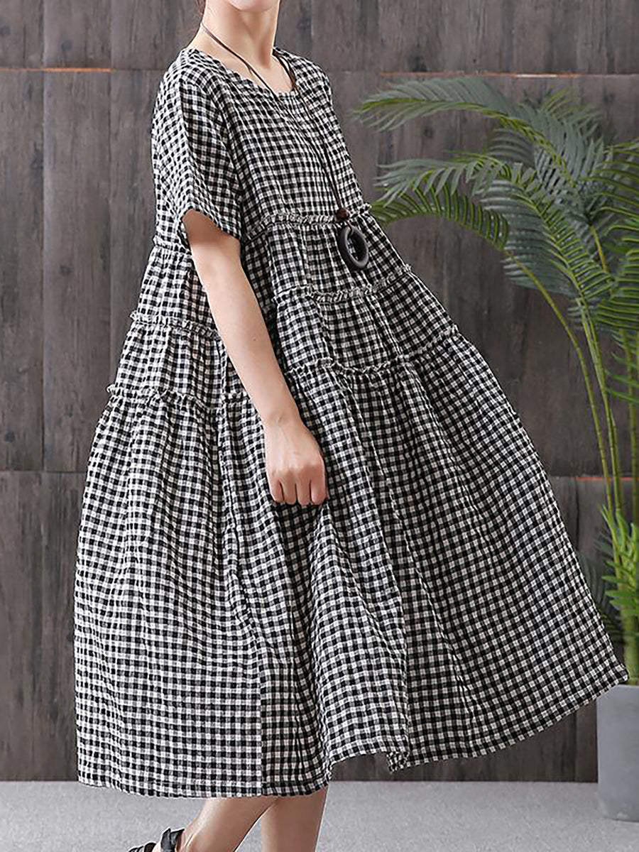 Plus Size 100%Cotton Short Sleeve Plaid Dress Secondary image