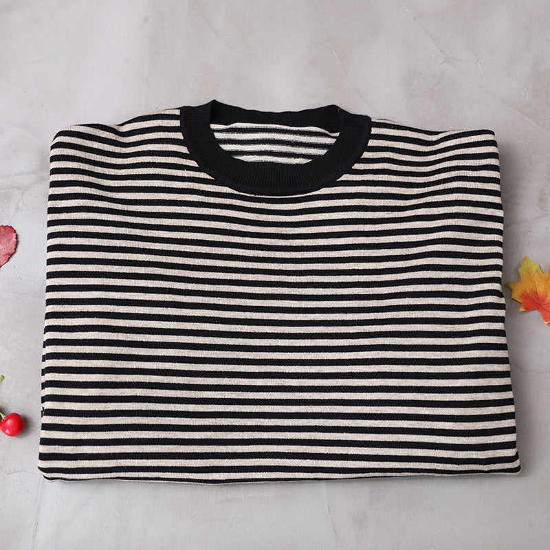 Buykud Ultra-loose Classic Striped Round Neck Sweater