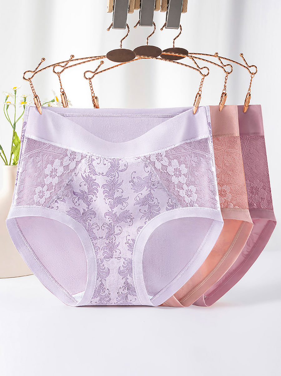 3 Pieces Women Artsy Flower Lace High Waist Underwear