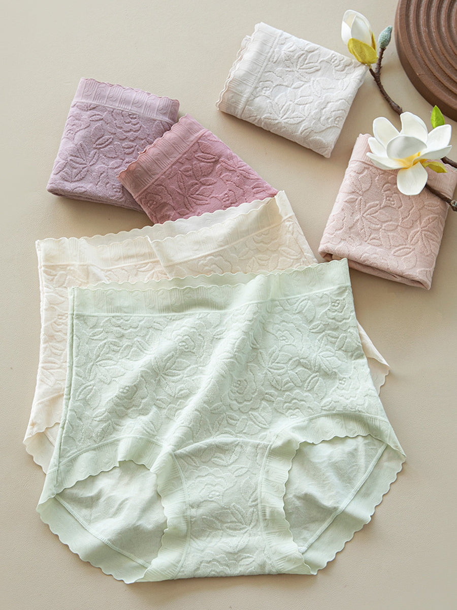 5 Pieces Women Flower Jacquard High Waist Cotton Underwear