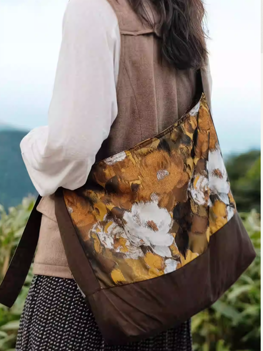 Brown Floral Painting Spliced Crossbody Bag Main image