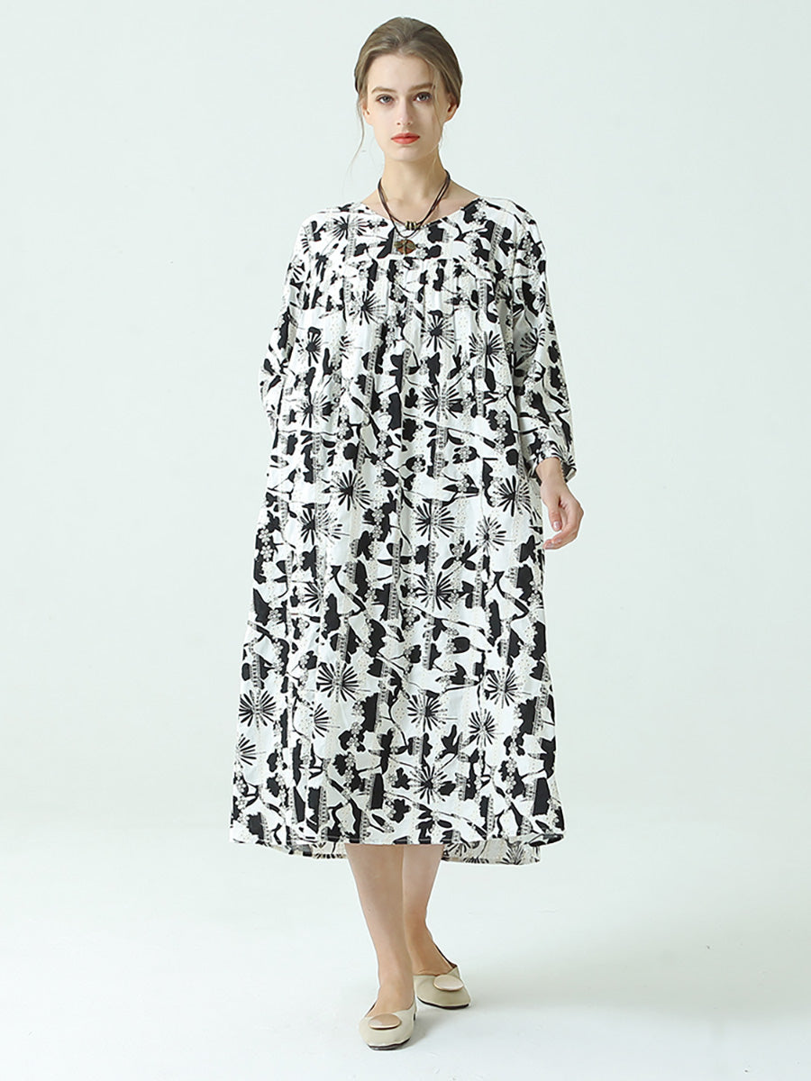 Plus Size Flower Prints O Neck Long Sleeve Pleated Plus Size Dress Main image