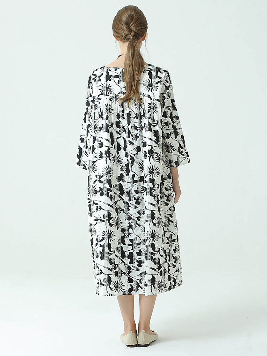 Plus Size Flower Prints O Neck Long Sleeve Pleated Plus Size Dress Secondary image