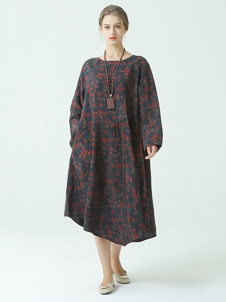 Plus Size Pleated Floral Prints Spring O Neck Loose Dress Main image