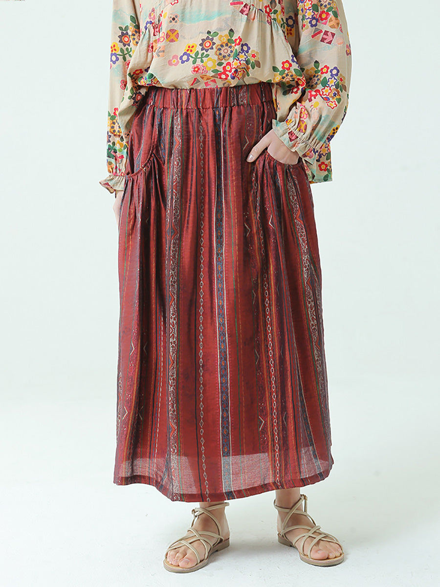 Plus Size Stripe Tencel Spring Summer Elastic Waist Loose Skirt Main image