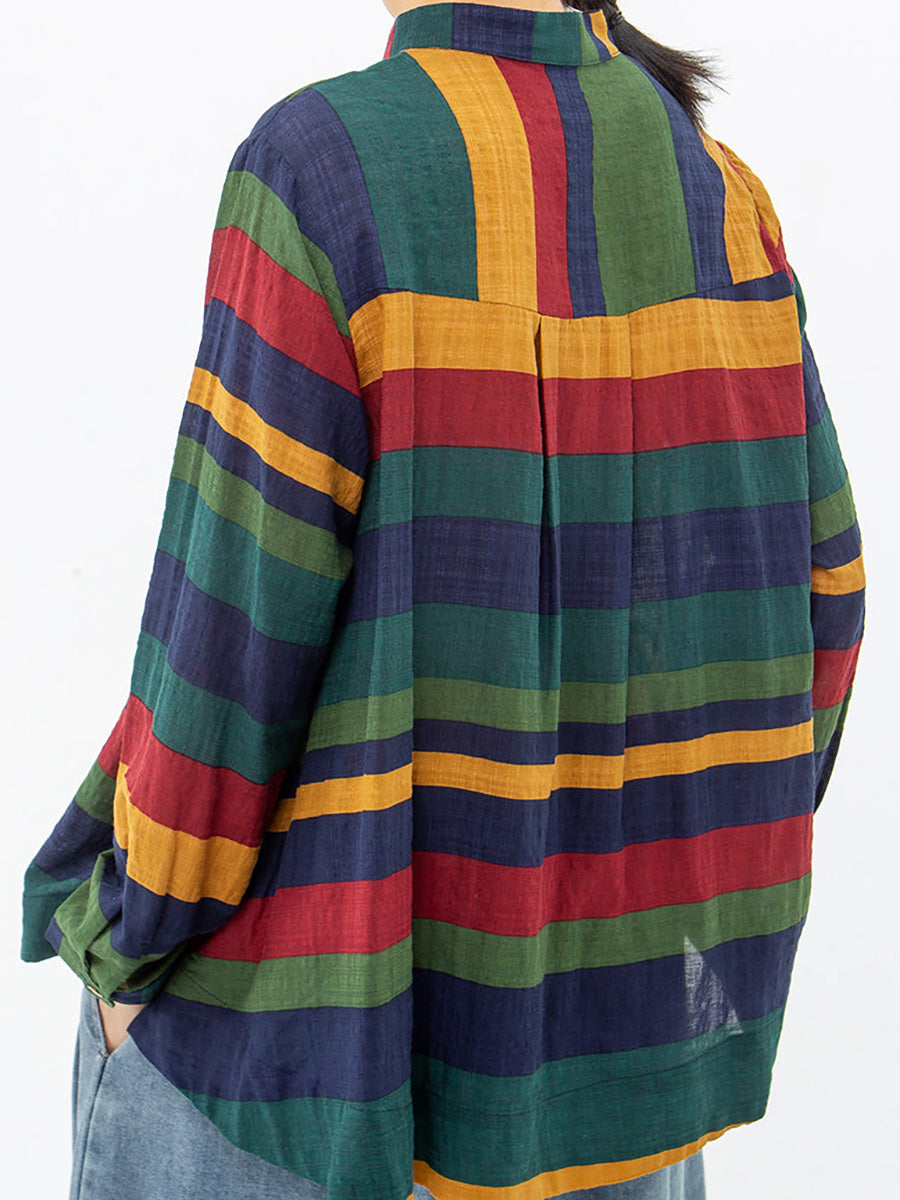 Plus Size Vintage Striped Long Sleeve 100%Cotton Shirt Secondary image