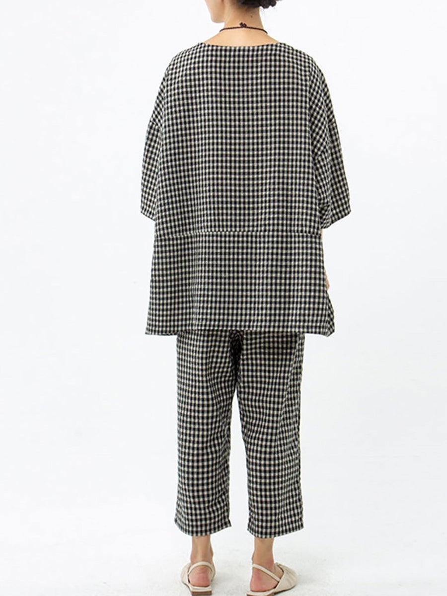 Plus Size Cotton Linen Plaid Retro Blouse And Pants Secondary image