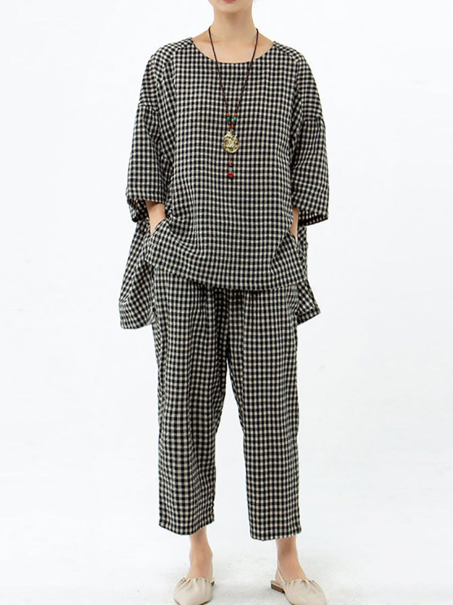 Plus Size Cotton Linen Plaid Retro Blouse And Pants Main image