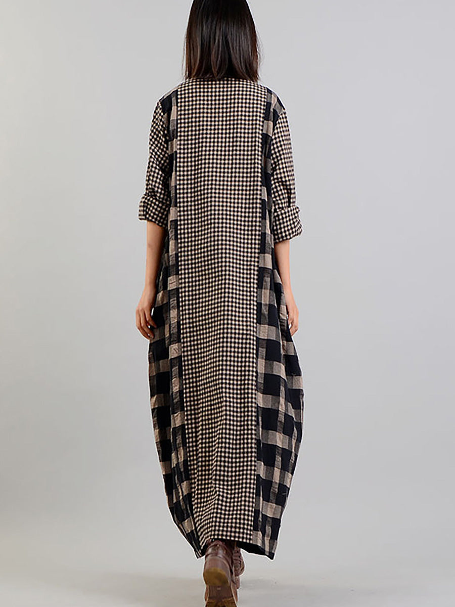 Plus Size Different Colored Plaid Retro Cotton Linen Dress Secondary image
