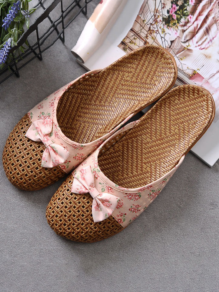 Floral Bowknot Splicing Linen Slippers Main image