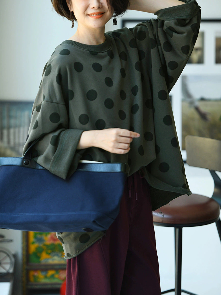 Plus Size Women Autumn Casual Dot Cotton O-Neck Shirt