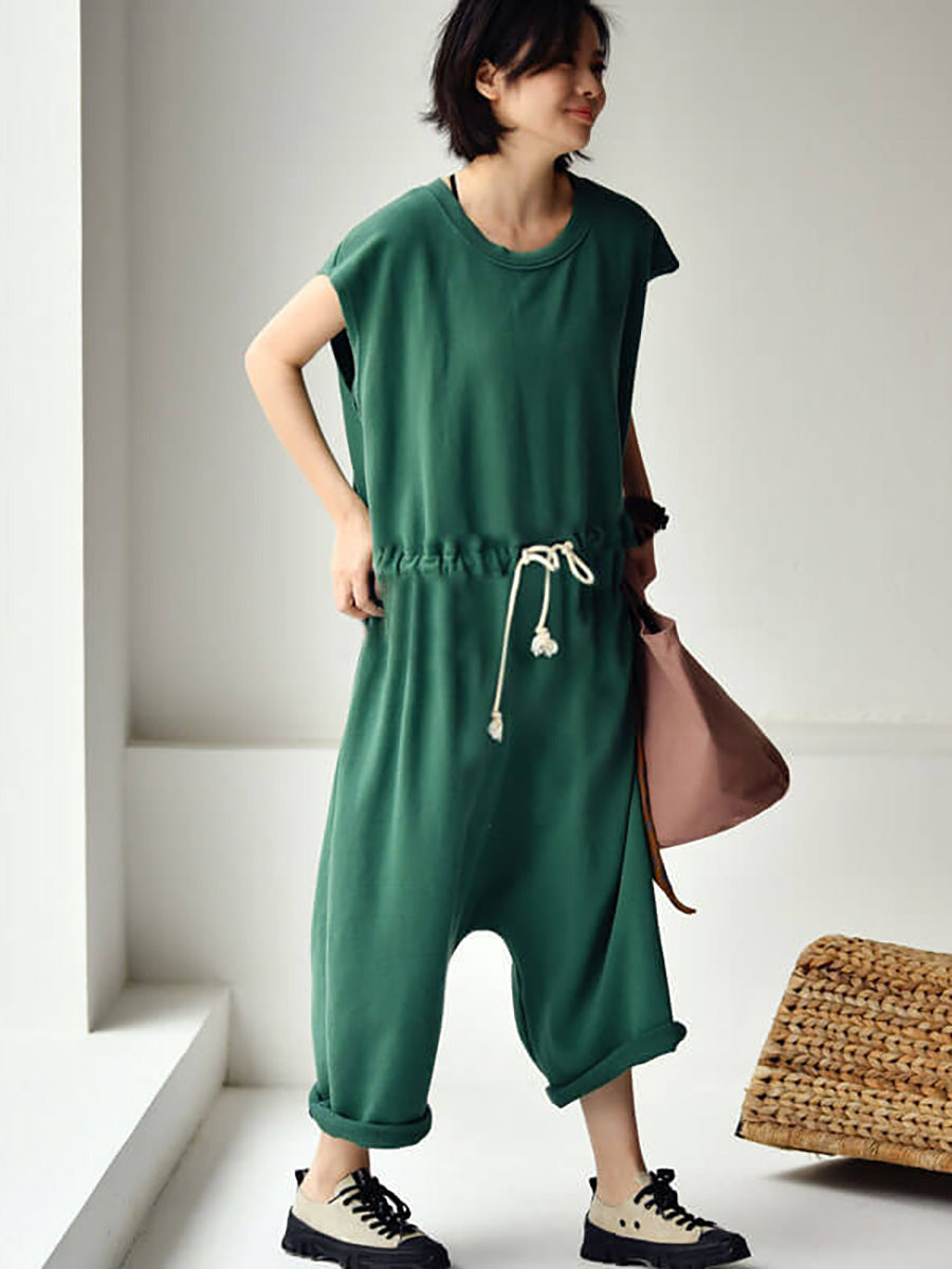 Plus Size - 100% Cotton Solid Color Drawstring Jumpsuits Main image