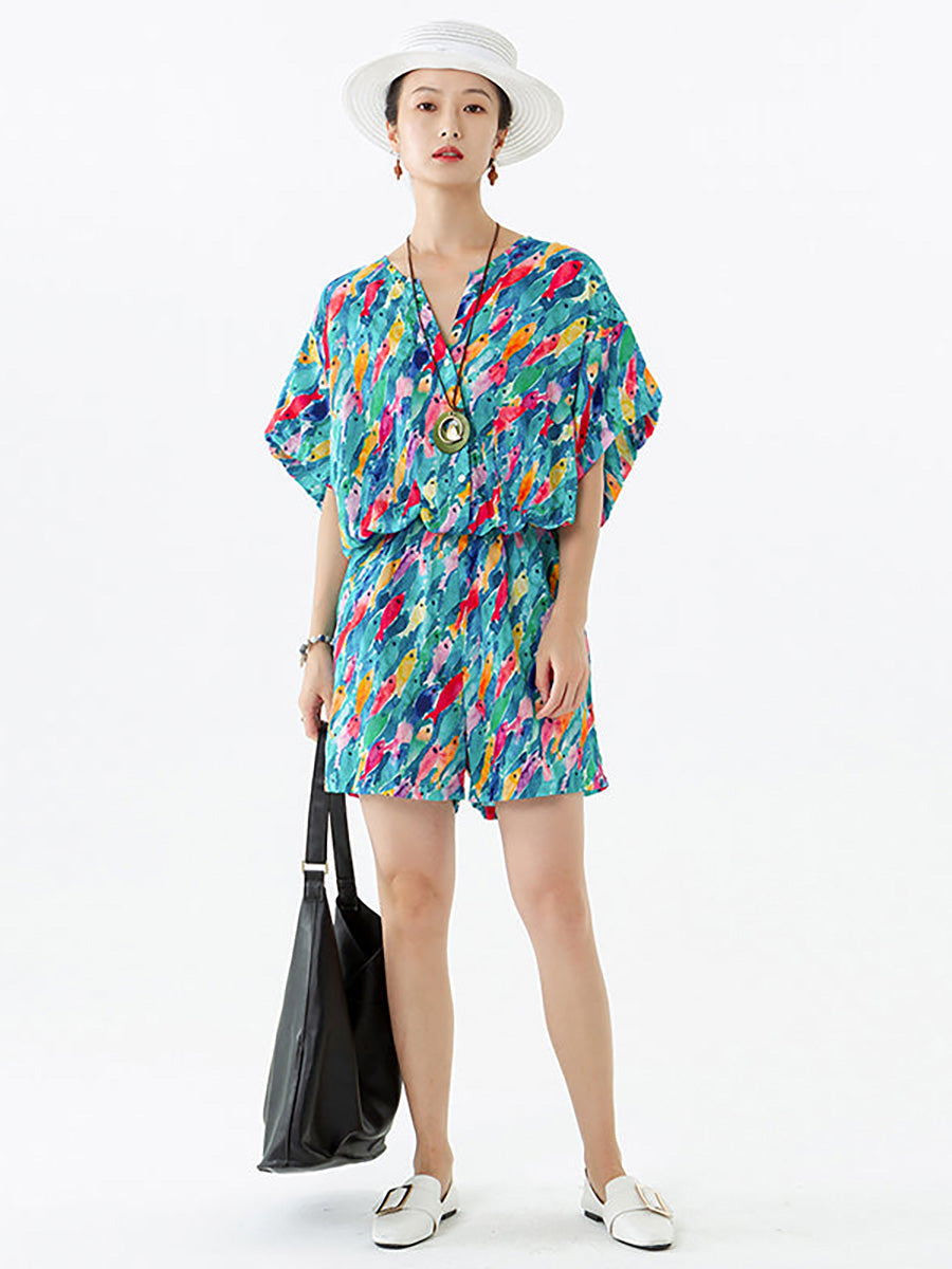 Plus Size - Women Drawstring Pocket Breasted Short Rompers Main image