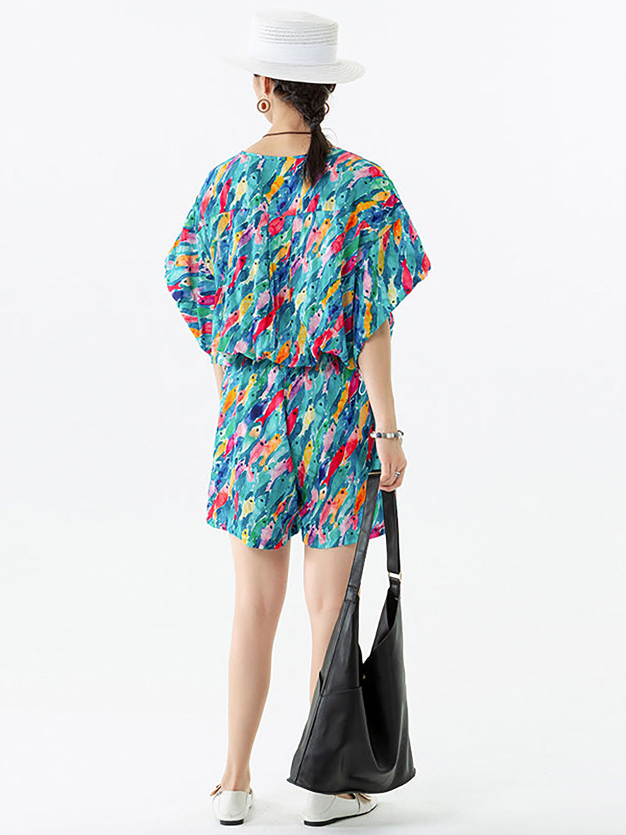 Plus Size - Women Drawstring Pocket Breasted Short Rompers Secondary image