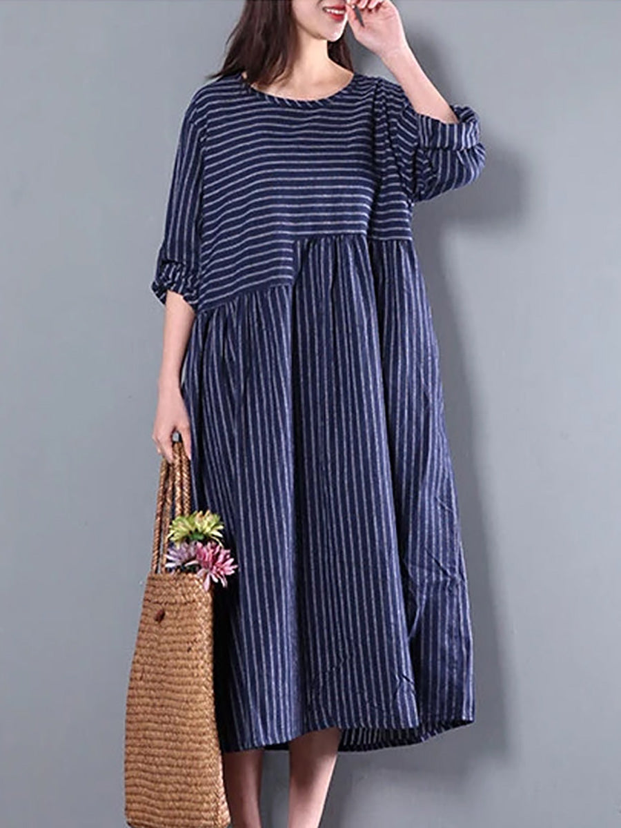 Plus Size - Casual Loose Stripe Long Sleeve Dress