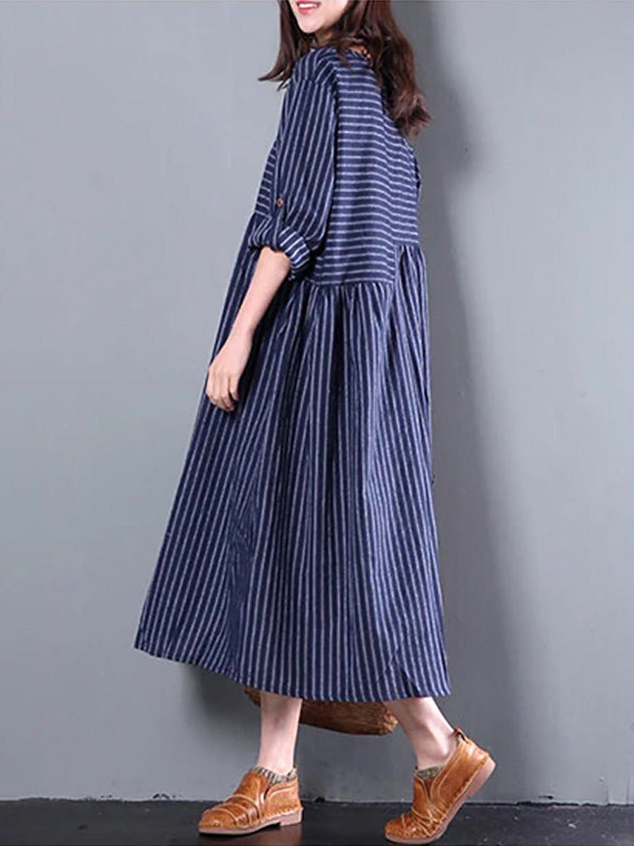 Plus Size - Casual Loose Stripe Long Sleeve Dress