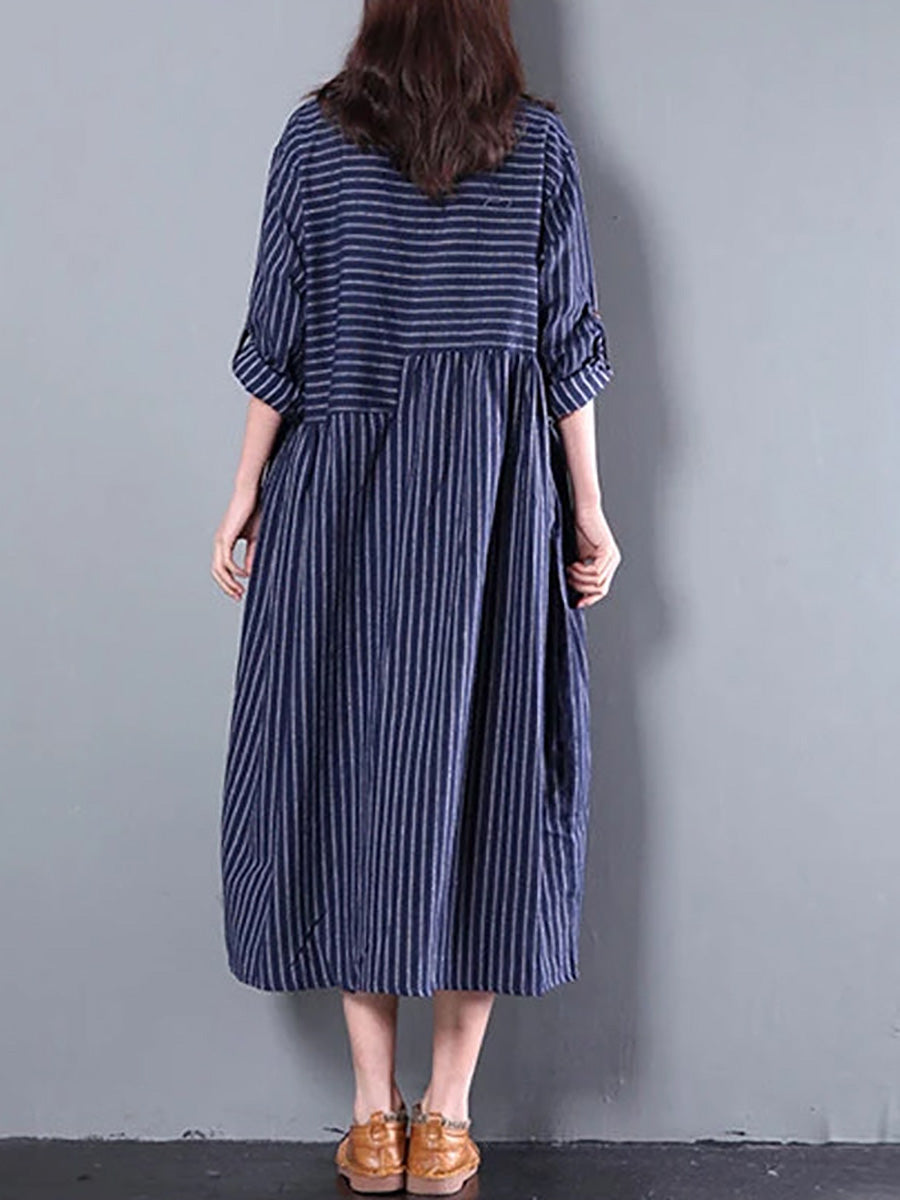 Plus Size - Casual Loose Stripe Long Sleeve Dress