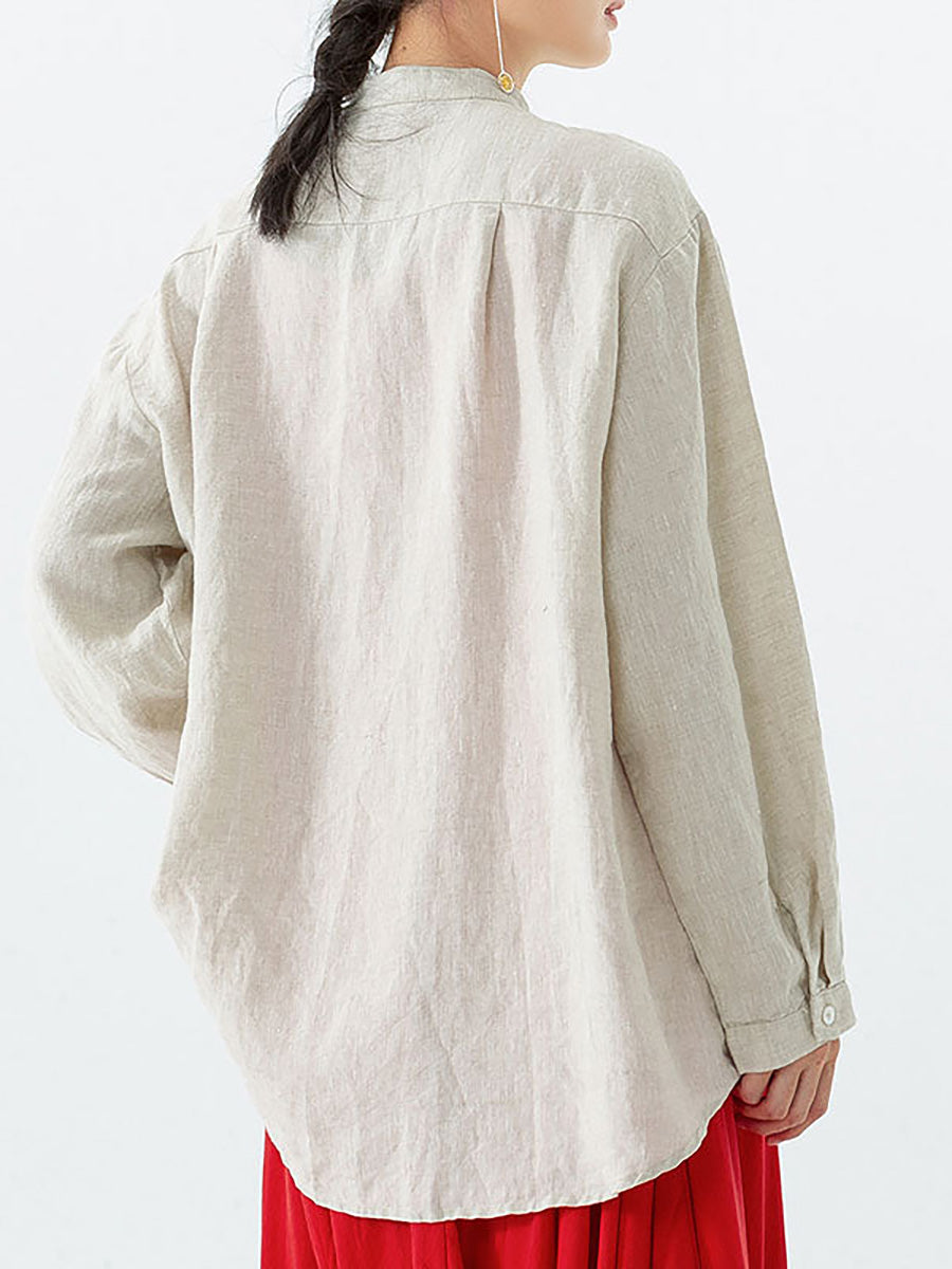 Plus Size - Women Retro Embroidered  Loose 100% Linen Shirt Secondary image