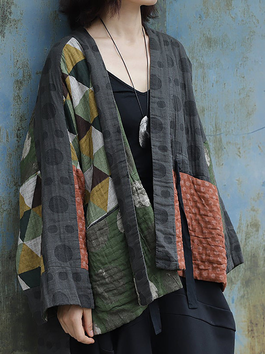 Plus Size Irregular Geometric Pattern Retro Cotton Coat Main image