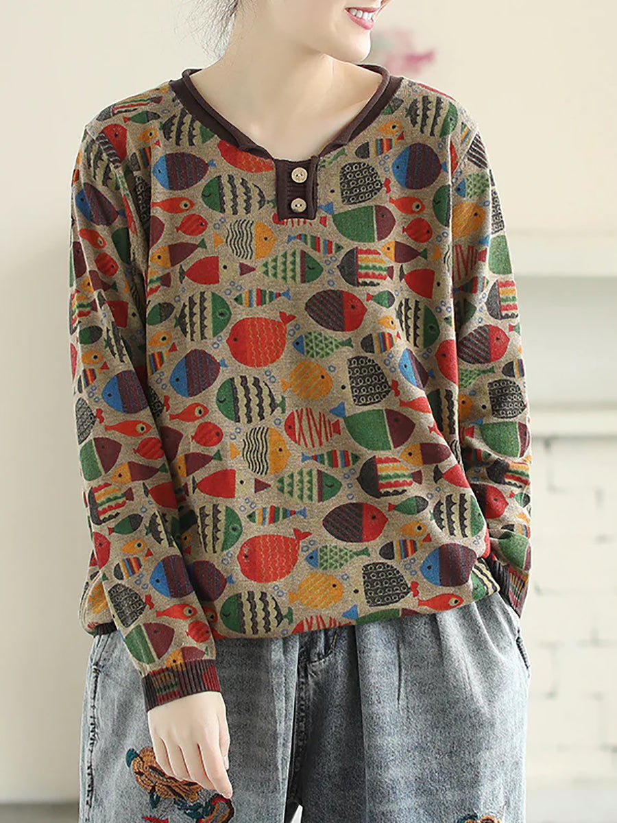 Plus Size Round Neck Fish Print Knitted T-Shirt Secondary image