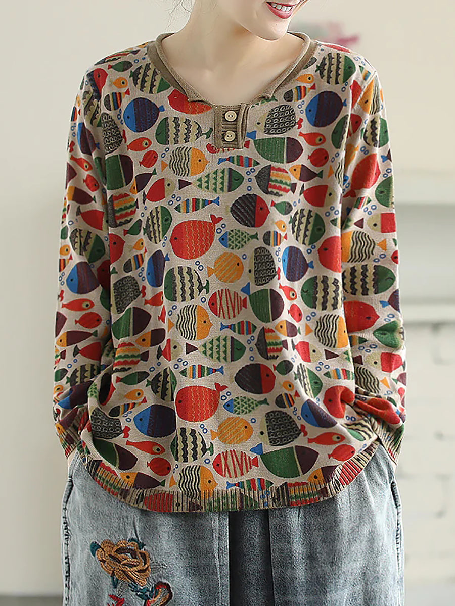 Plus Size Round Neck Fish Print Knitted T-Shirt Main image