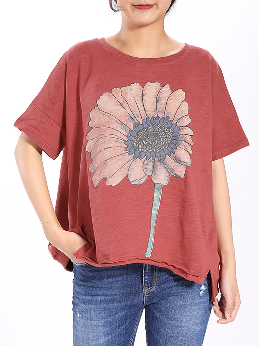 Plus Size Short Sleeve Sunflower Printed T-shirt Secondary image