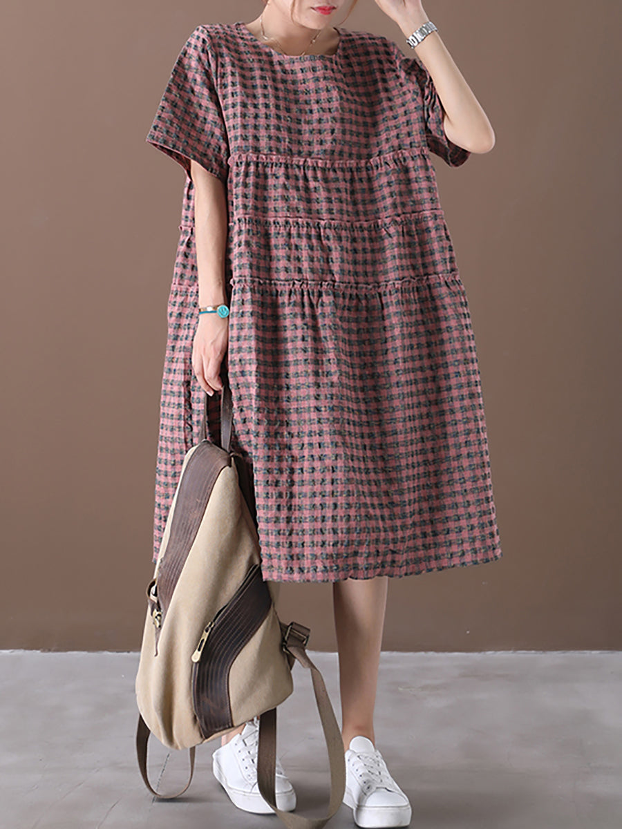 Plus Size Summer Plaid Round Neck Cotton Linen Midi Dress Secondary image
