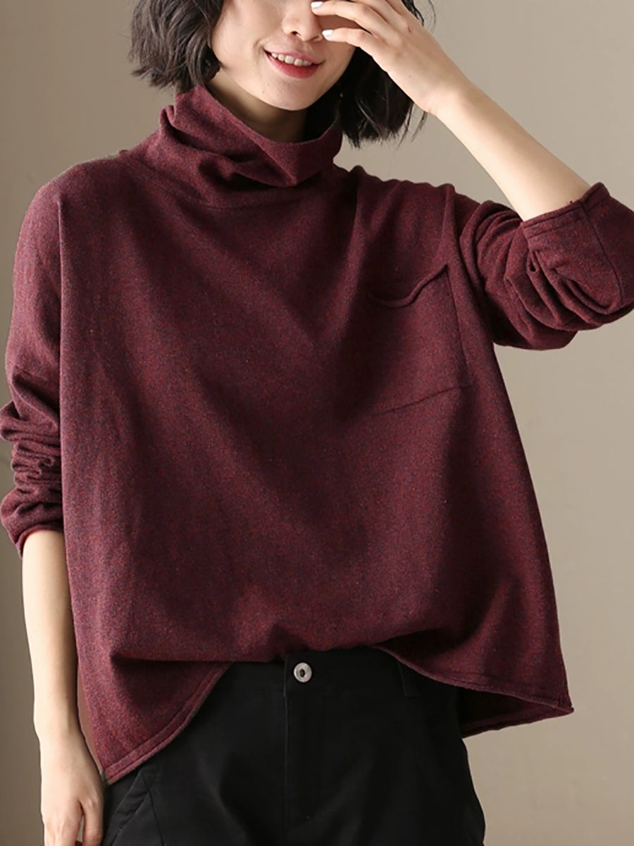 Plus Size  Women Autumn Casual Pure Color Cotton Turtleneck Shirt