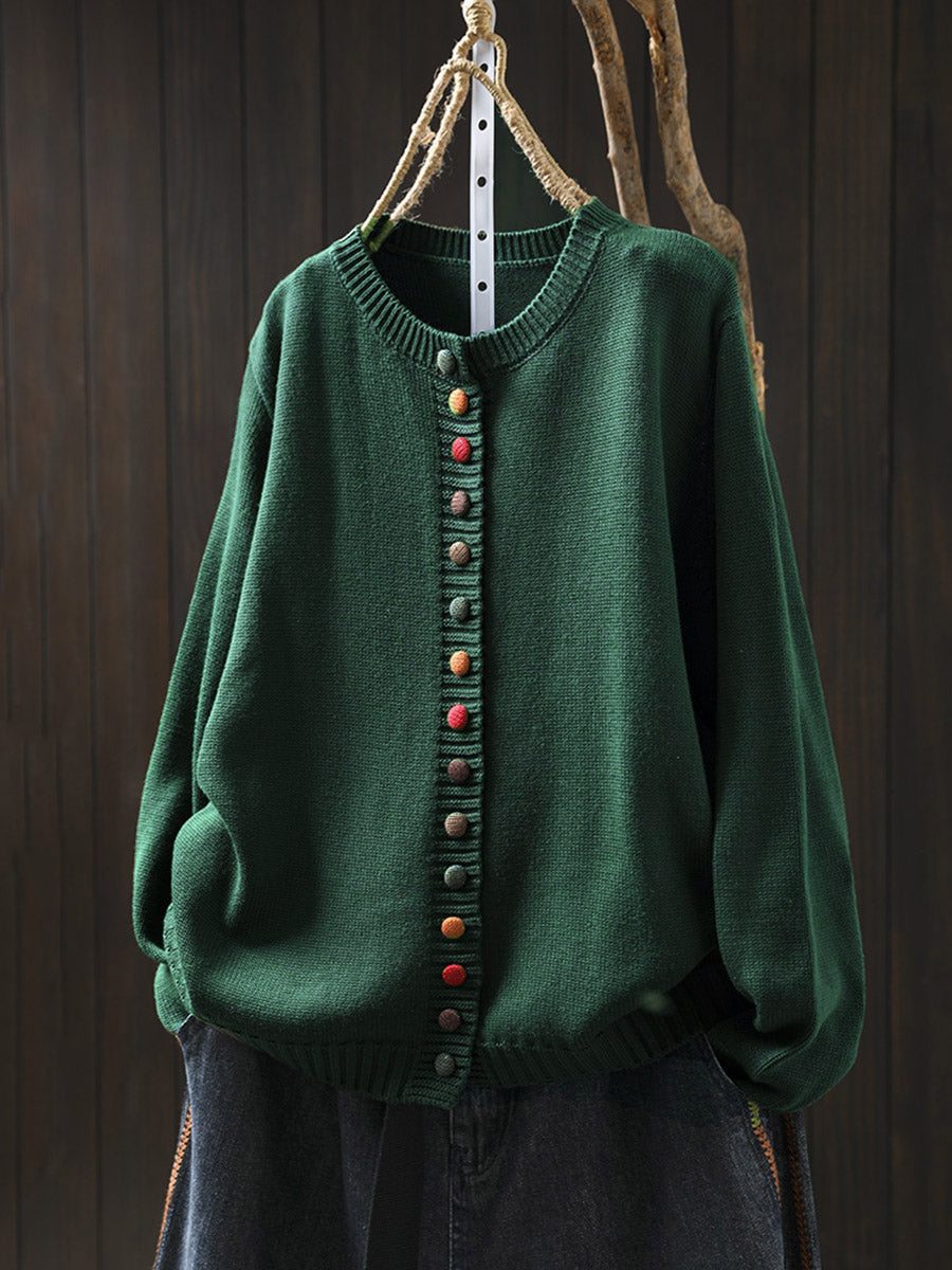 Plus Size Women Autumn Artsy Colorful Button O-Neck Knit Sweater