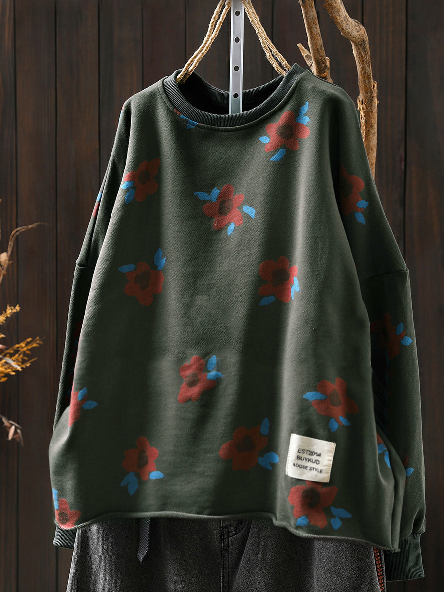 Plus Size Women Autumn Artsy Flower O-Neck Cotton Blouse