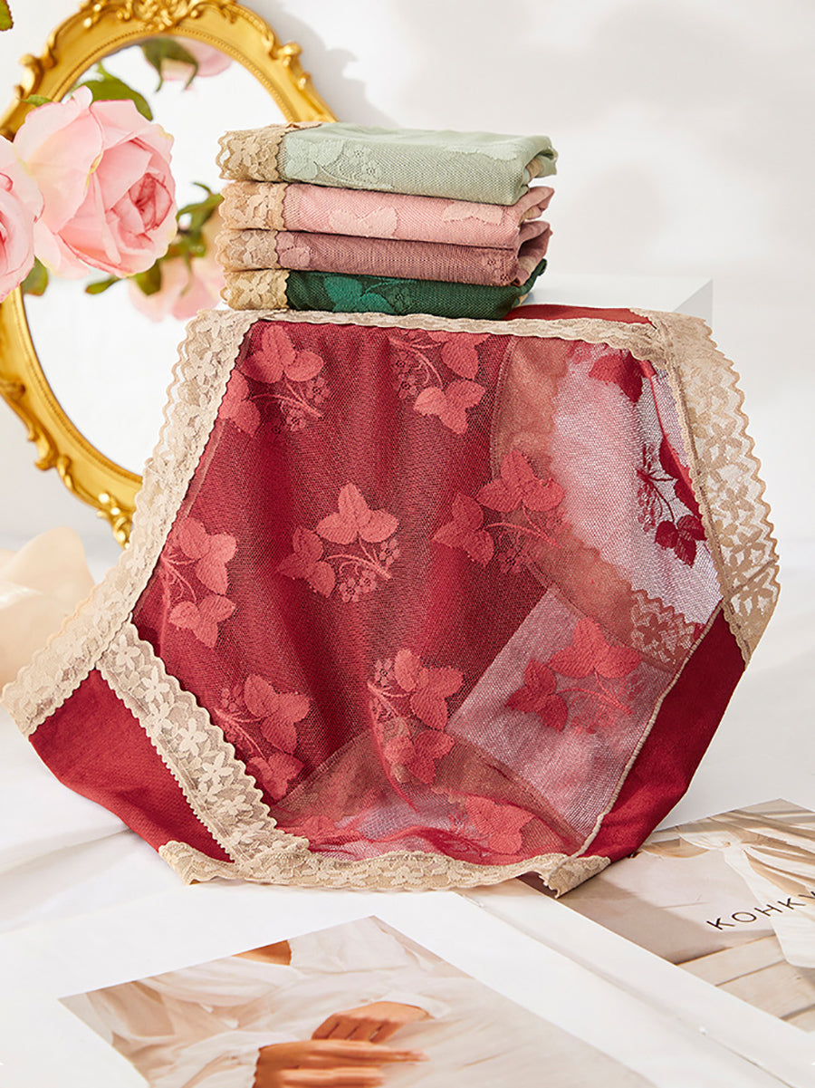5 Pieces Women Flower Lace Spliced High Waist Underwear