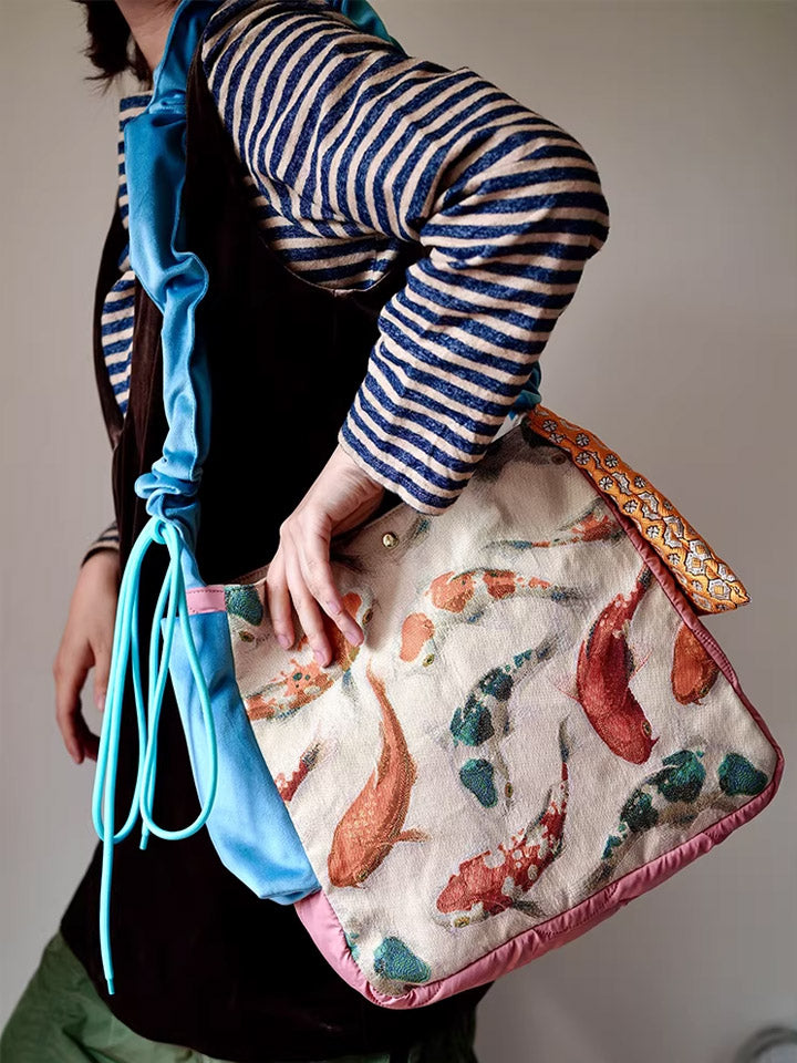 Casual Ethnic Koi Jacquard Spliced Crossbody Bag