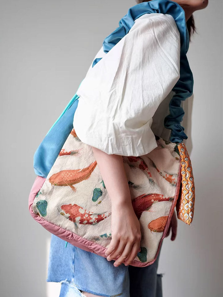 Casual Ethnic Koi Jacquard Spliced Crossbody Bag