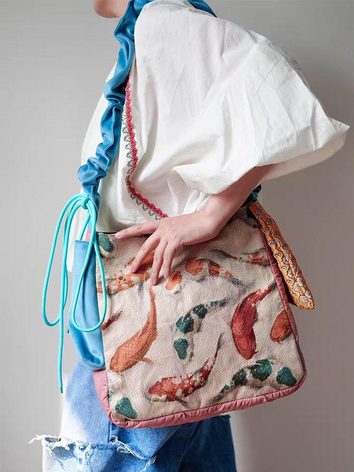 Casual Ethnic Koi Jacquard Spliced Crossbody Bag