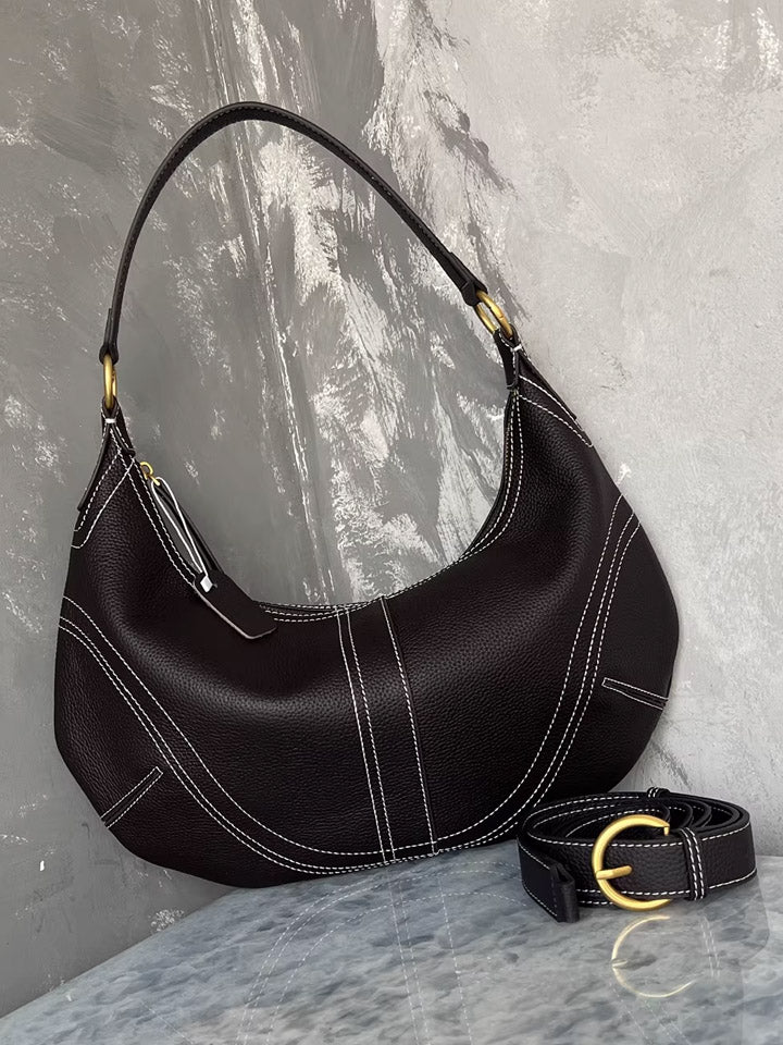 Black Leather Crescent Shoulder Bag