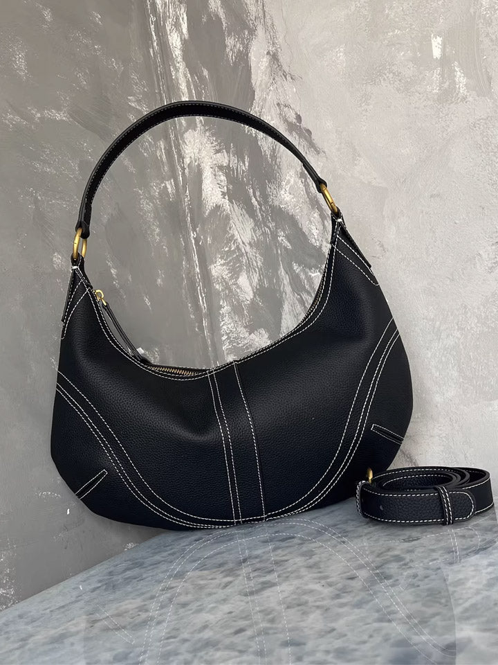 Black Leather Crescent Shoulder Bag