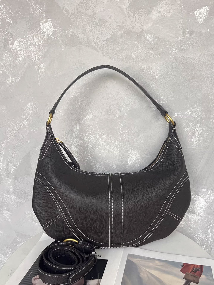 Black Leather Crescent Shoulder Bag